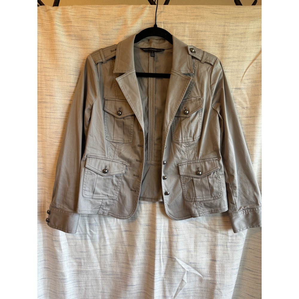 White House Black Market Military Utility Jacket Taupe Gray Button Front Size 8